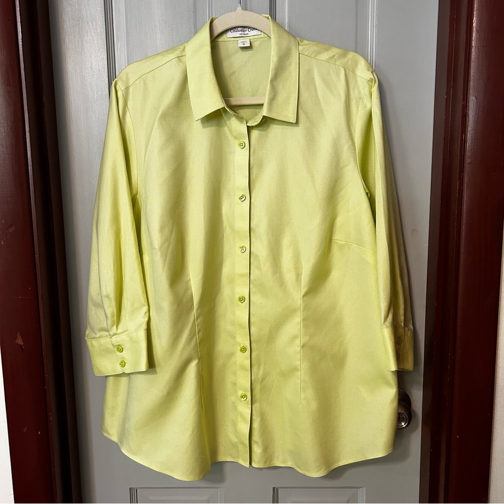 Coldwater Creek No Iron Yellow Green 3/4 Sleeve Button Down Shirt Cotton Boxy 1X